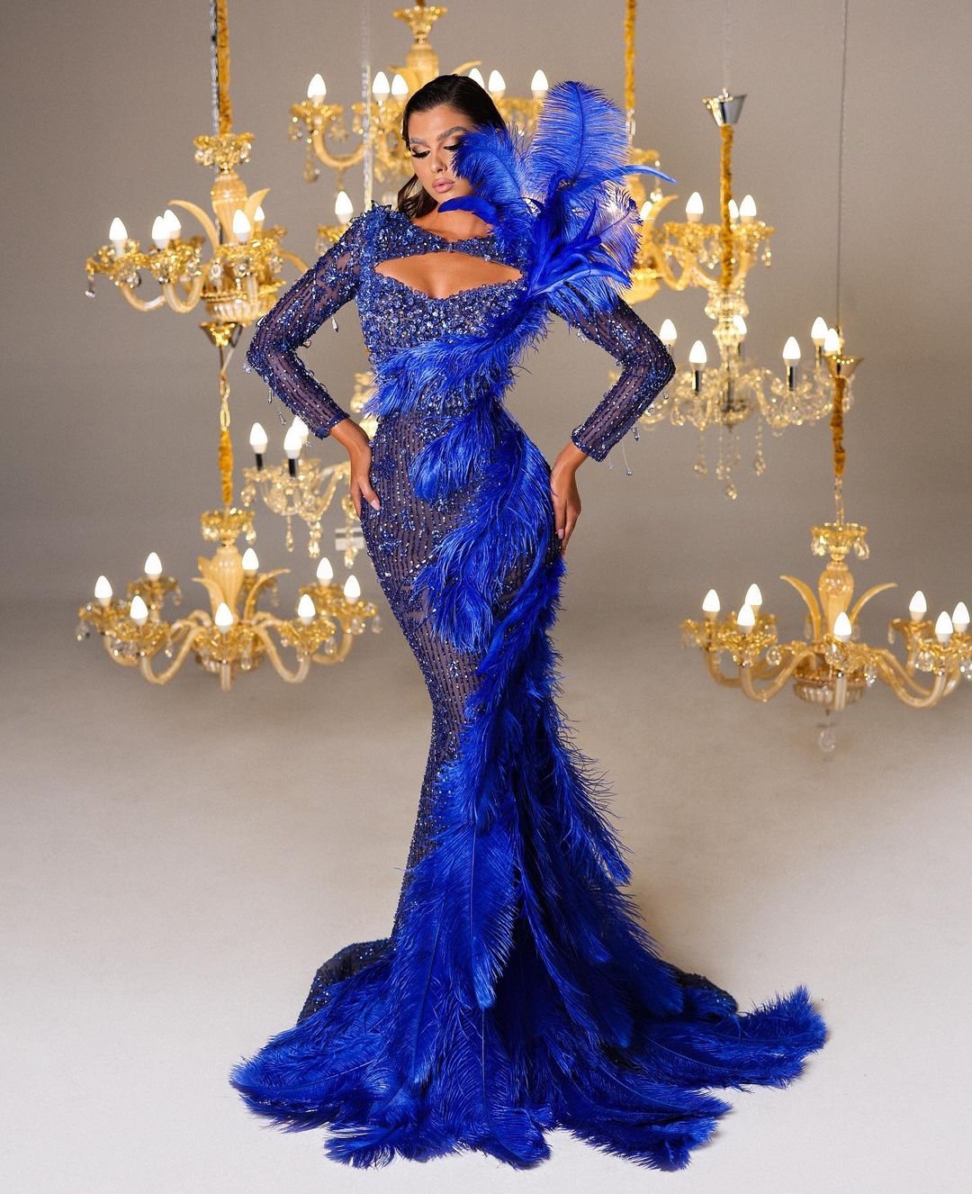 Urious Feather Evening Dresses Abiye Arabic Beads Royal Blue Prom Gowns Full Length Robe De Soiree Lz0304