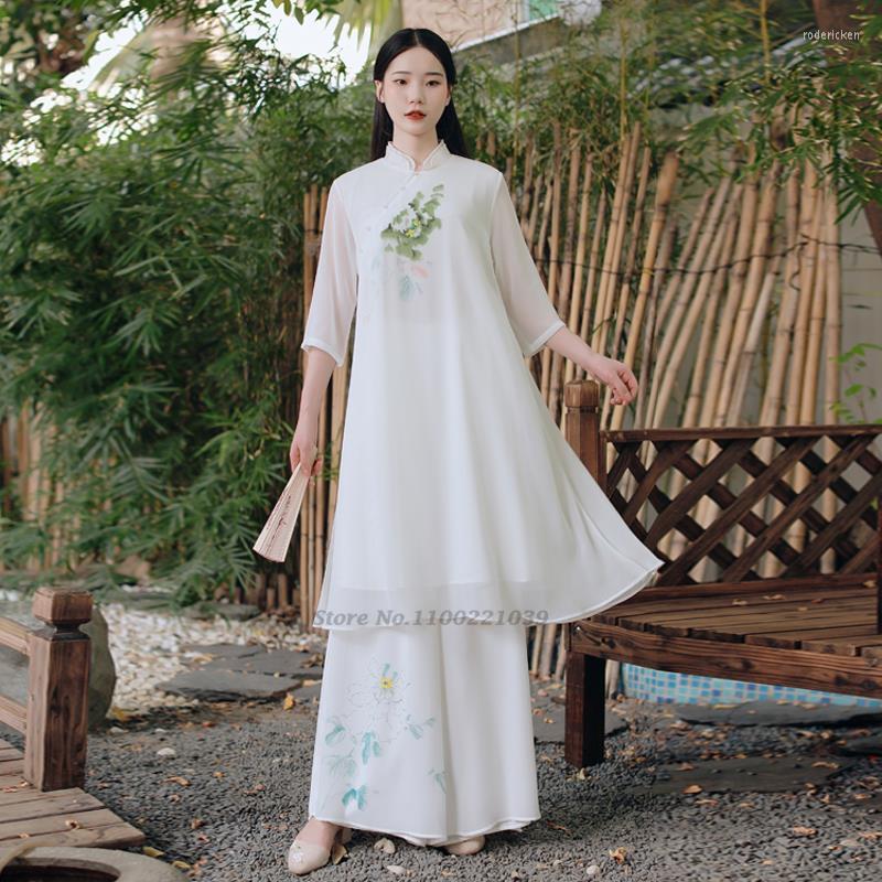 Ethnic Clothing 2022 Traditional Chinese Women Tang Suit Retro Chiffon Qipao Tops Pants Set National Flower Print Service Hanfu Zen
Ethnic Clothing 2022 Traditional Chinese Women Tang Suit Retro Chiffon Qipao Tops Pants Set National Flower Print Service Hanfu Zen
