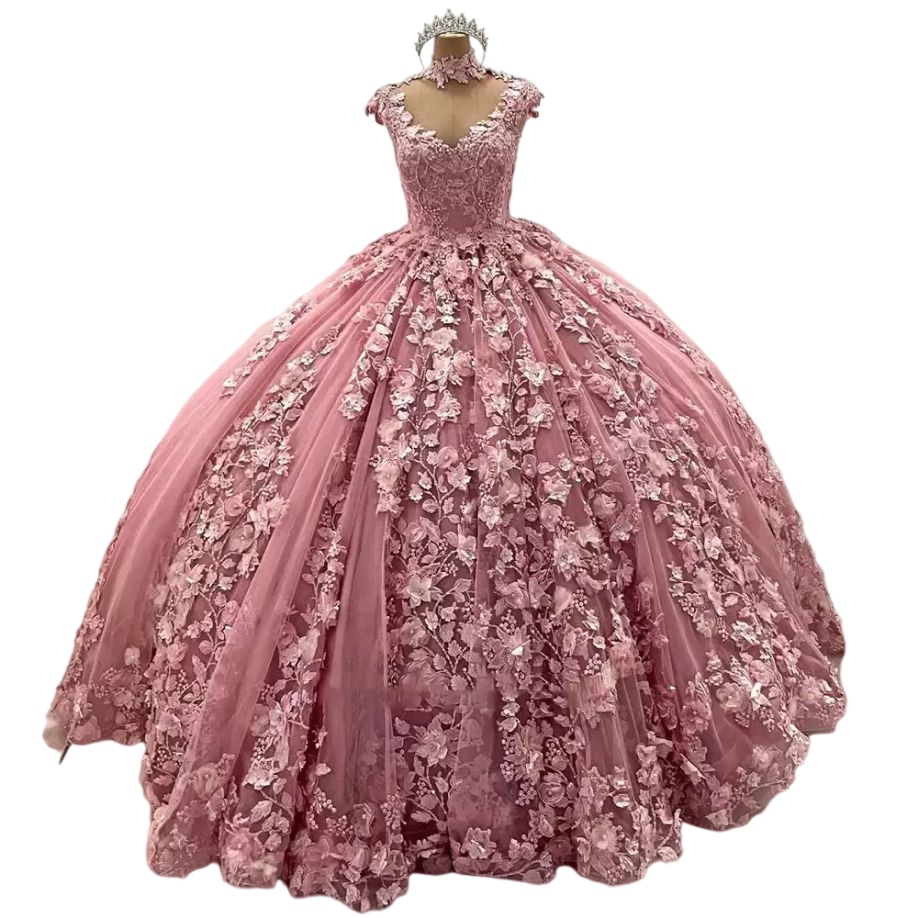 Pale Pink High Neck Quinceanera Dresses Cap Sleeve Lace Flower Mexican 3D Floral Sweet 15 Gowns Puffy Skirt Vestidos 16 Anos