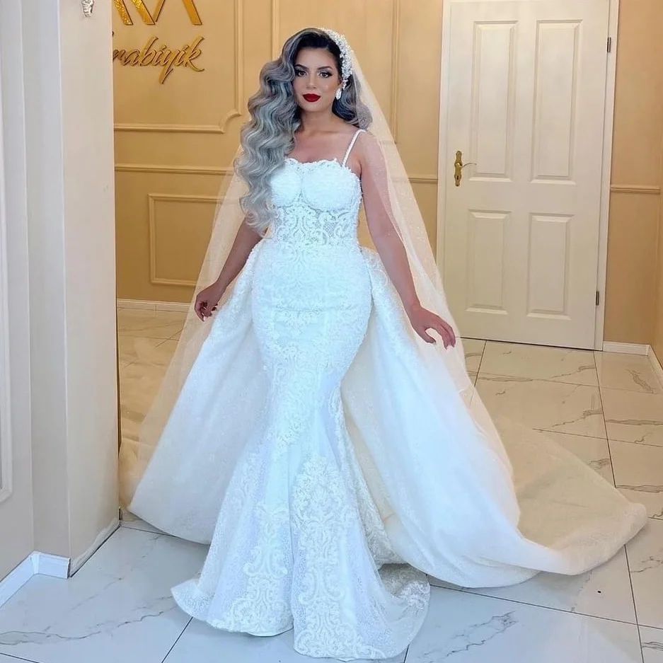 Stylish Mermaid Lace Wedding Dresses Beaded Bridal Gowns With Detachable Train Spaghetti Straps Neckline Plus Size Vestido De Novia