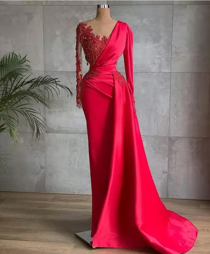 Arabic Aso Ebi Red Luxurious evening Dresses Plus Size Lace Beaded long sleeve Crystals Evening Second Reception Gowns