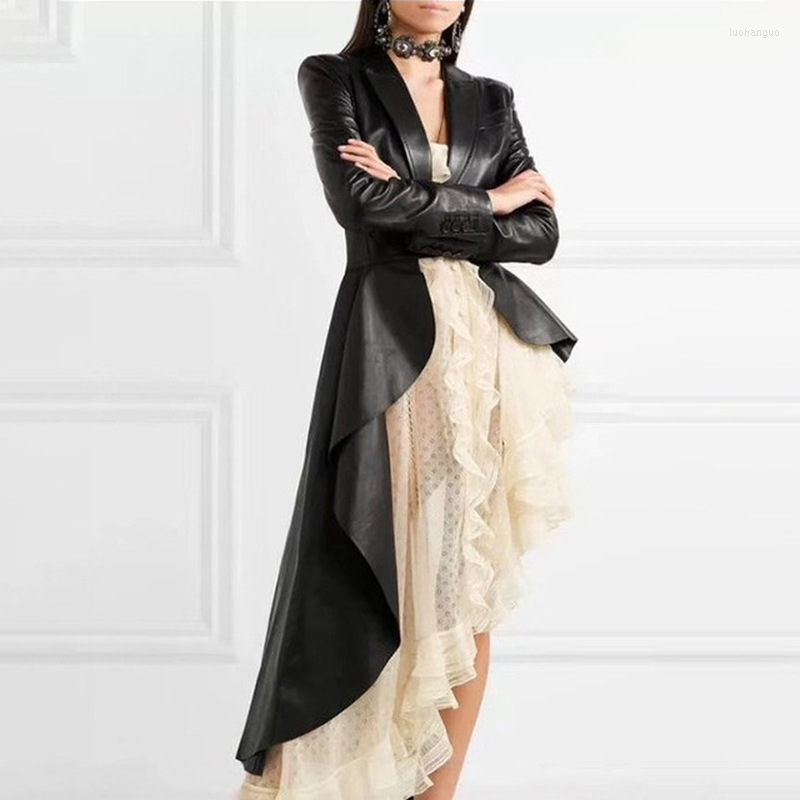 

Women's Jackets Gothic PU Leather Coats 2022 Spring Waist Belt Cardigan Womens Fashion Irregular Solid Outwears Casual Lapel Street Punk, Black