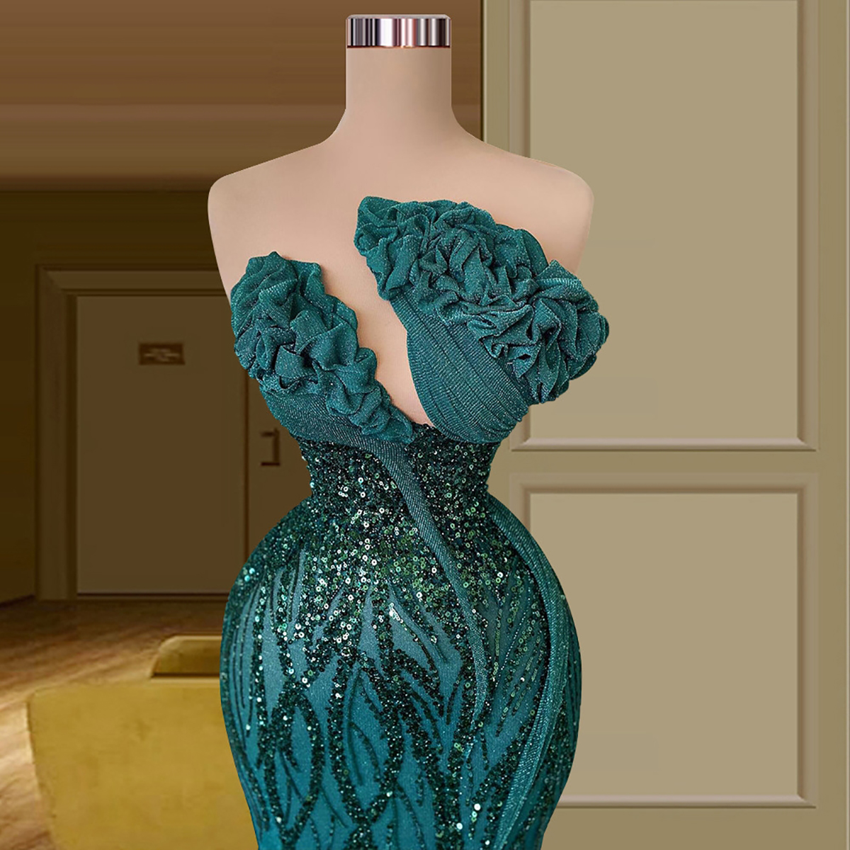 Green Sequins Mermaid Evening Dresses Sexy Ruffles Strapless Neck Prom Dress Pageant Gown Custom Made Party Robes