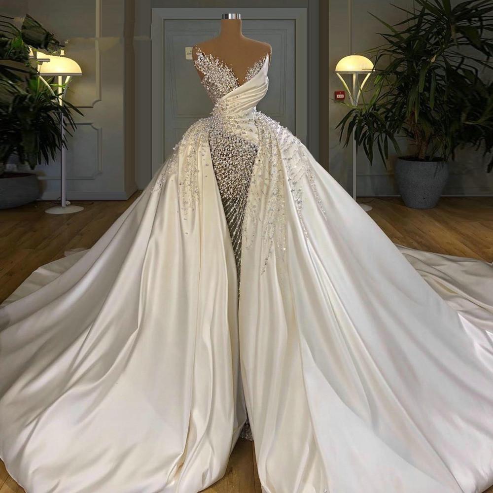 2023 Sexy Mermaid Wedding Dresses Illusion Neck Crystal Beads Pearls Overskirts Satin Beading Plus Size Custom Bridal Gowns Robe De Mariee