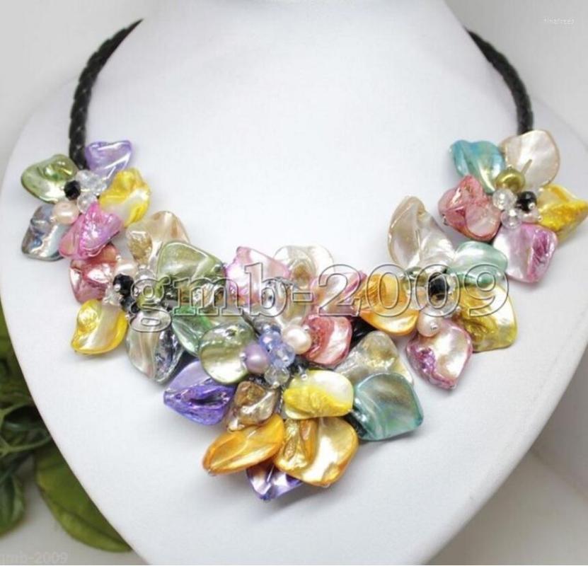 Chains Jewelry 8 ColorsHand Woven Yellow Shell 5 Flowers Pearl Crystal Black Leather Bib Necklace 18inch
Chains Jewelry 8 ColorsHand Woven Yellow Shell 5 Flowers Pearl Crystal Black Leather Bib Necklace 18inch