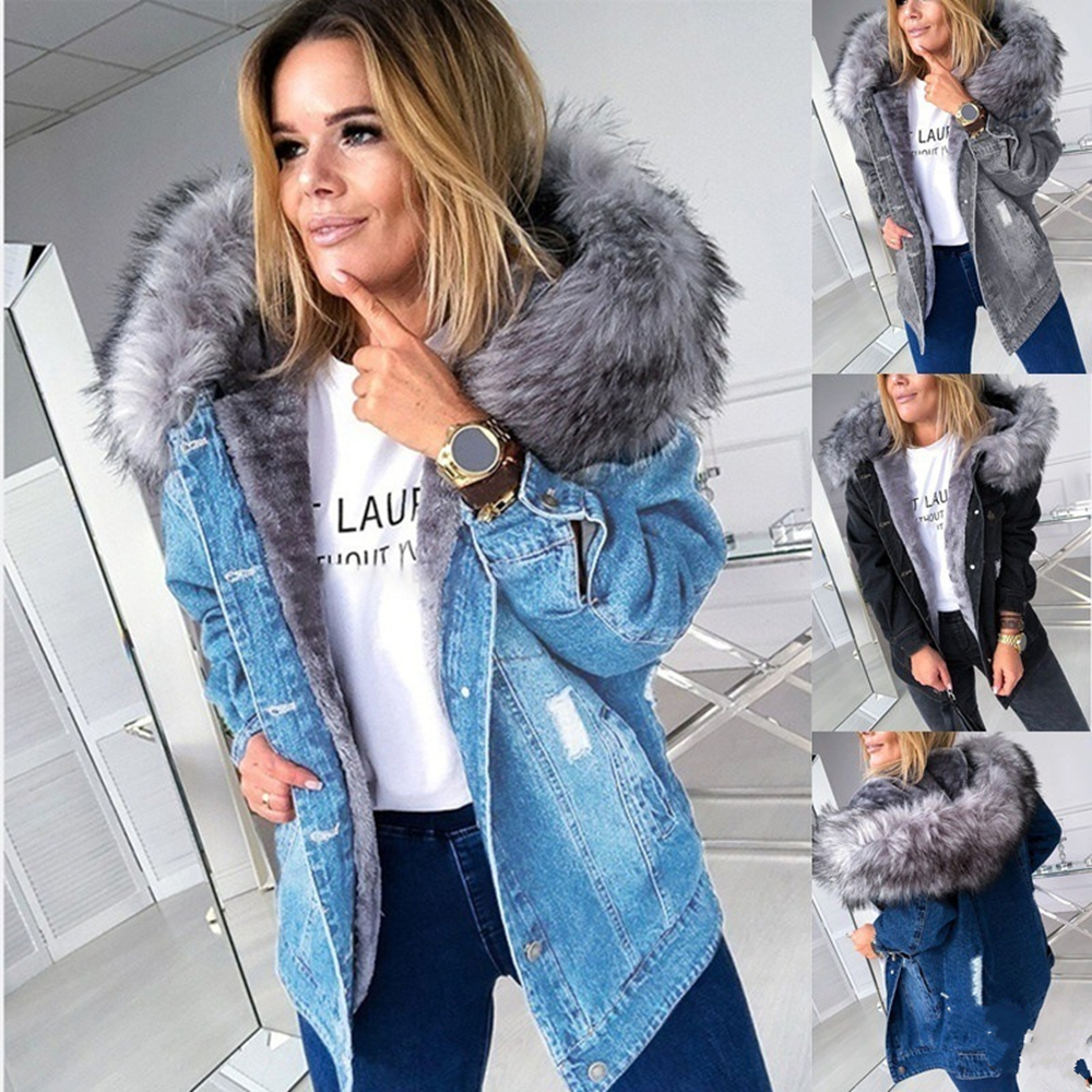 QNPQYX New Stylish Winter Women Thicken Faux Fur Hood Plush Warm Large Size Jacket Ripped Buttons Denim Coat Outwear Manteau Femme Hiver, Black 
QNPQYX New Stylish Winter Women Thicken Faux Fur Hood Plush Warm Large Size Jacket Ripped Buttons Denim Coat Outwear Manteau Femme Hiver, Black