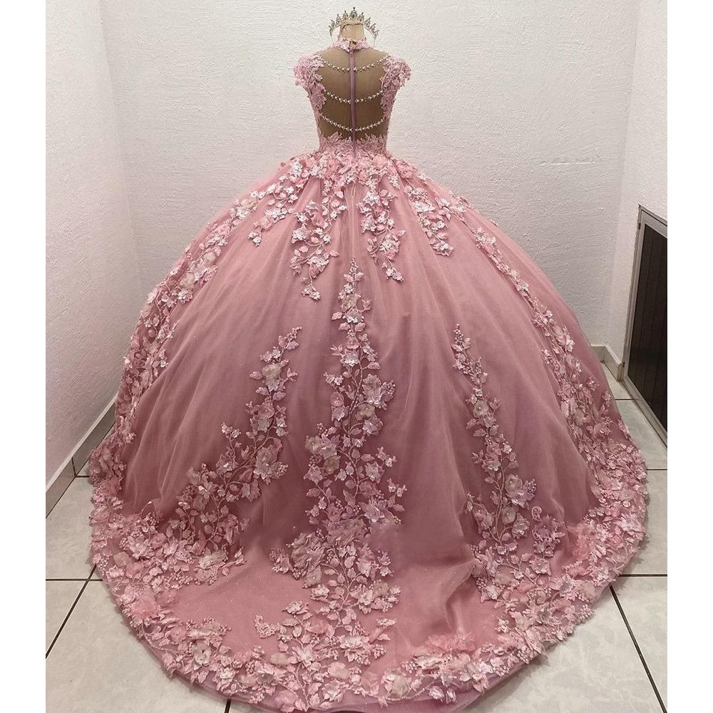 Pale Pink High Neck Quinceanera Dresses Cap Sleeve Lace Flower Mexican 3D Floral Sweet 15 Gowns Puffy Skirt Vestidos 16 Anos