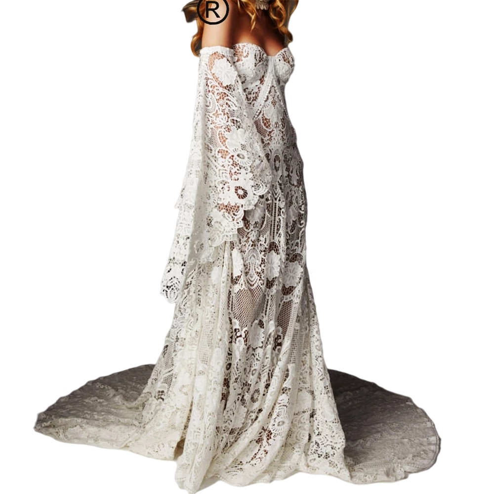Bohemian Country mermaid Wedding Dresses Luxury Crochet Lace Beau Gown Boho Chic Hippie sweetheart Bridal Gown Bell long Sleeves