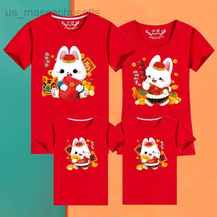 Family Matching Outfits 2023 New Year's Rabbit Year auspicious parent-child short sleeved t-shirt for a family of four red birthday mother and da