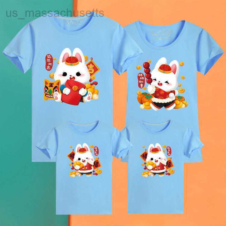 Family Matching Outfits 2023 New Year's Rabbit Year auspicious parent-child short sleeved t-shirt for a family of four red birthday mother and da