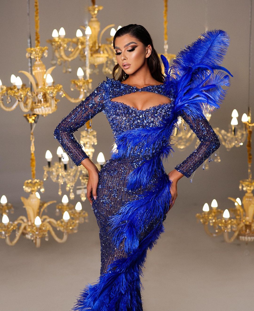 Urious Feather Evening Dresses Abiye Arabic Beads Royal Blue Prom Gowns Full Length Robe De Soiree Lz0304