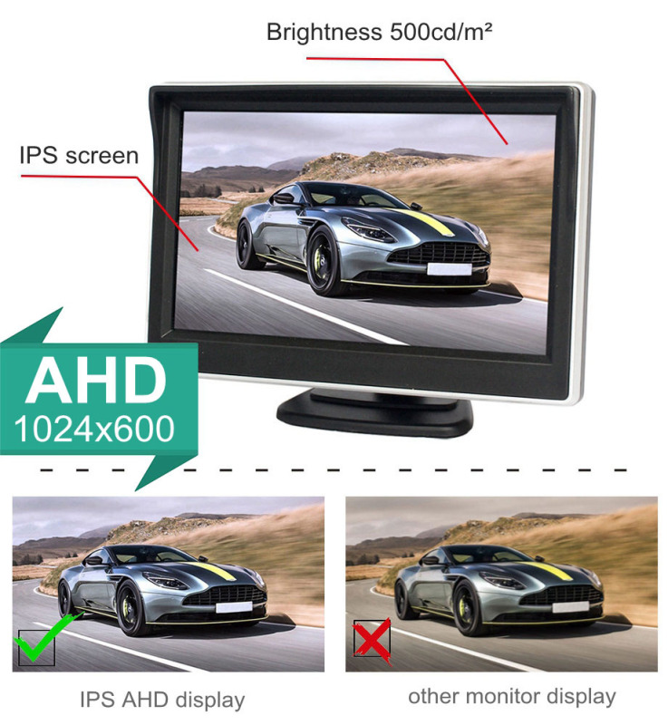 1024x600 5 Inch IPS AHD Rear View Car Monitor Parking Backup Monitor With Suction Cup and Bracket for MPV SUV Horse Lorry