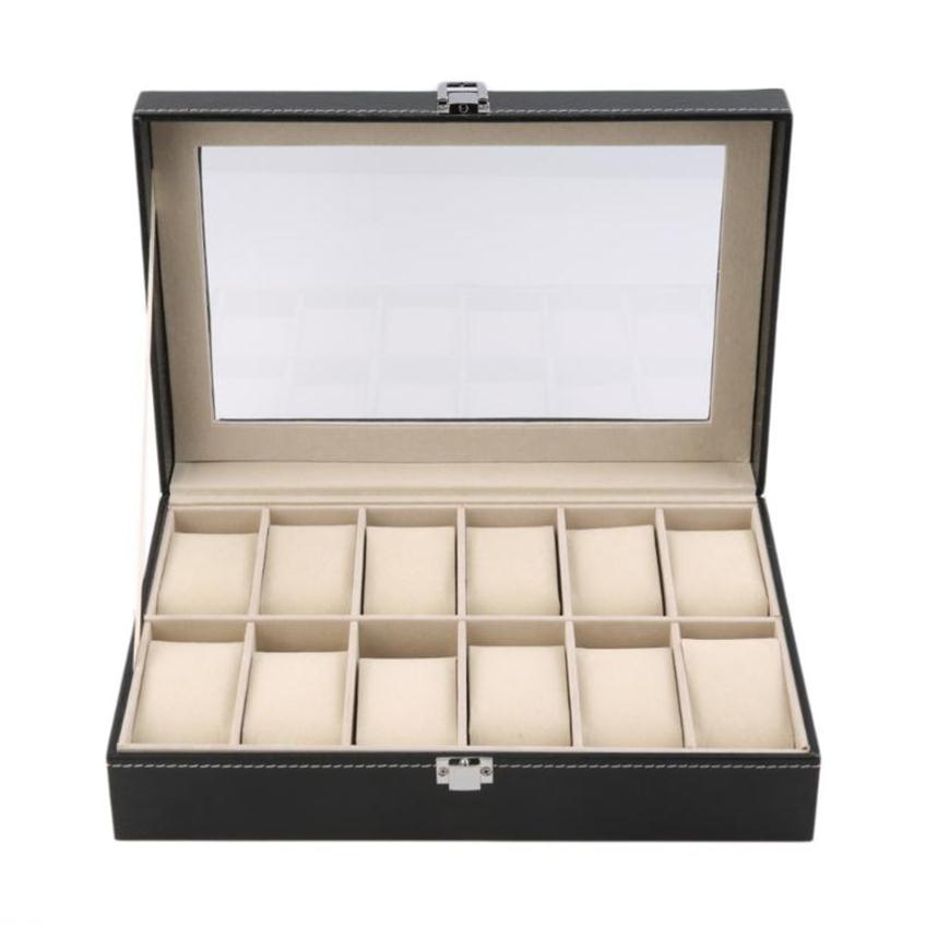 12 Slots Grid PU Leather Watch Display Box Jewelry Storage Organizer Case locked Watch Display Box269c