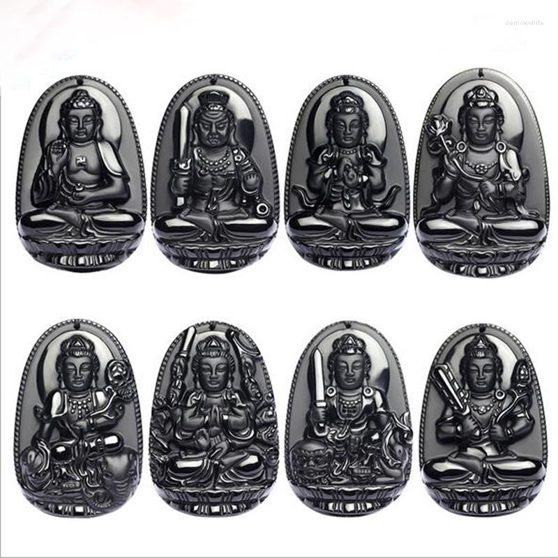 

Pendant Necklaces Natural Obsidian Eight Guardian Twelve Zodiac Natal Buddha Mascot Amulet Lucky Necklace Opening For Women Men Big Size