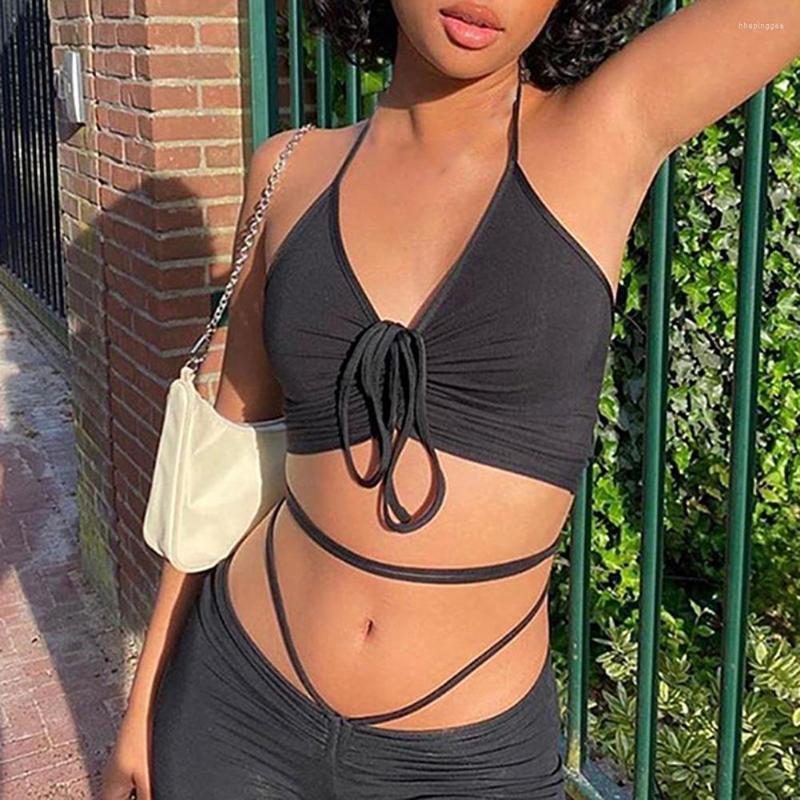 Women's Two Piece Pants Sexy Women Sleeveless Halter Camisole Skinny Trousers Set Outfit, Black