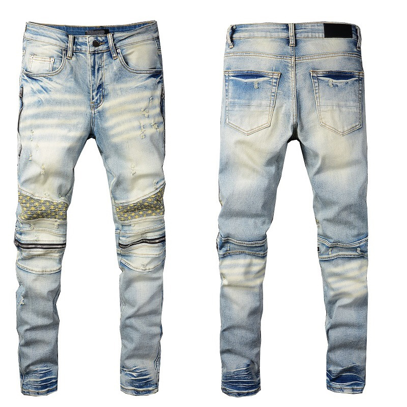 Men's Jeans Europe and America fashion motorcycle style knee zipper jeans high street splicing pleated slim pants light blue
Men's Jeans Europe and America fashion motorcycle style knee zipper jeans high street splicing pleated slim pants light blue