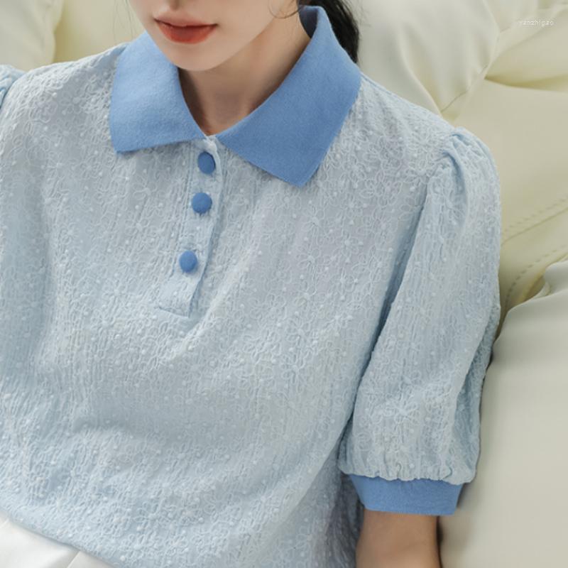 Women's T Shirts Women Patchwork Puff Sleeves Summer T-shirts Korean Turn-down Collar Button Tops Fashion Blue Cotton Female Casual Tees
Women's T Shirts Women Patchwork Puff Sleeves Summer T-shirts Korean Turn-down Collar Button Tops Fashion Blue Cotton Female Casual Tees