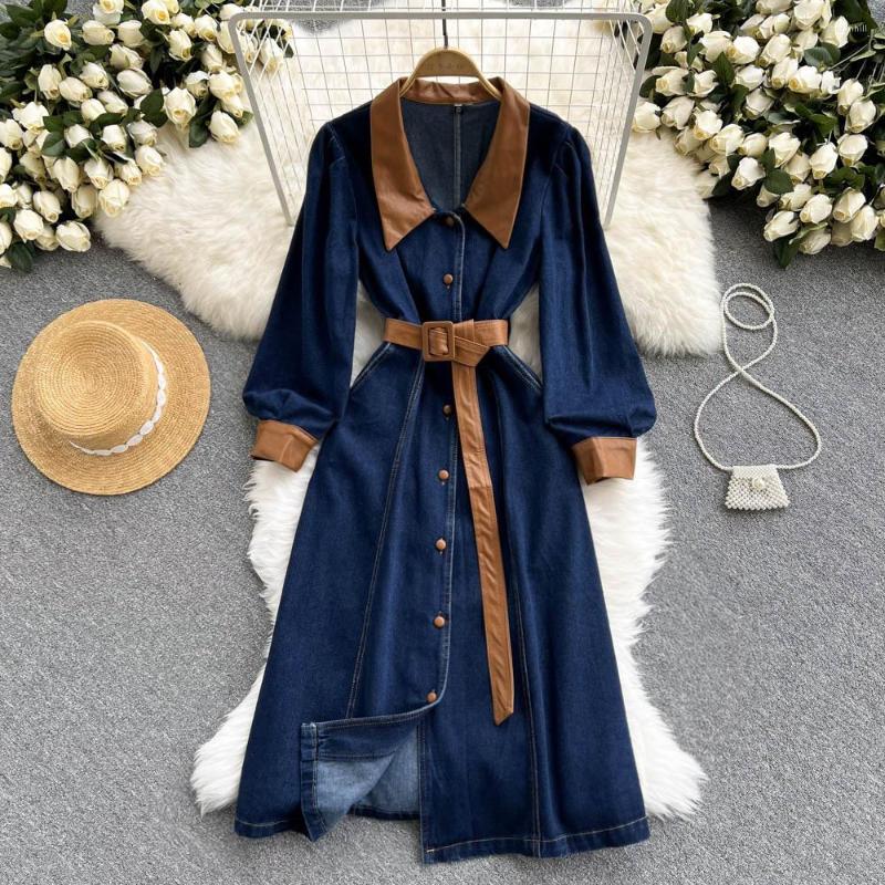 Casual Dresses Women Denim Dress Vintage Style PU Leather Patchwork V-neck Long Sleeve Single Breasted A-line Elegant Jeans With Belt, Blue
Casual Dresses Women Denim Dress Vintage Style PU Leather Patchwork V-neck Long Sleeve Single Breasted A-line Elegant Jeans With Belt, Blue