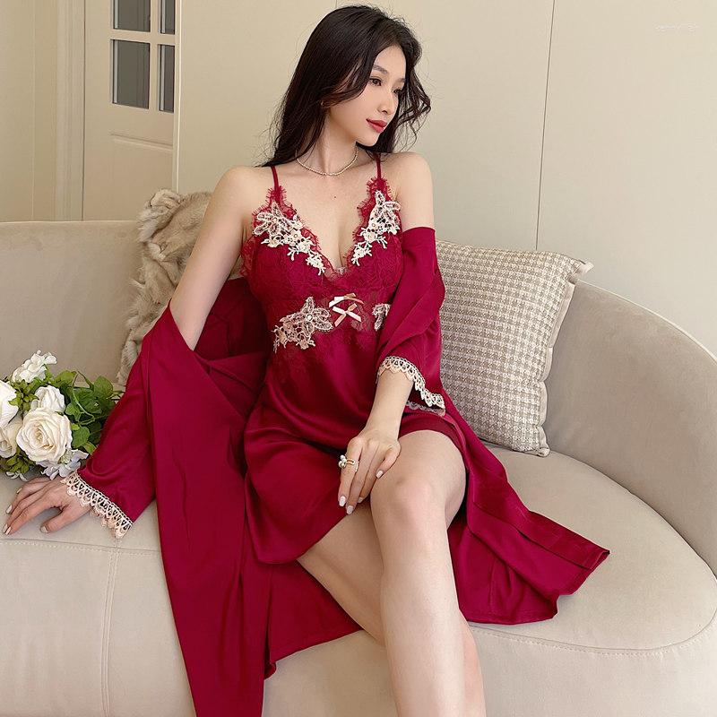 Women's Sleepwear Women Satin Lace Robe Set Summer V-Neck Nightwear Kimono Gown Sexy Lingerie Bridal Wedding Bathrobe Suit, Burgundy - b
Women's Sleepwear Women Satin Lace Robe Set Summer V-Neck Nightwear Kimono Gown Sexy Lingerie Bridal Wedding Bathrobe Suit, Burgundy - b