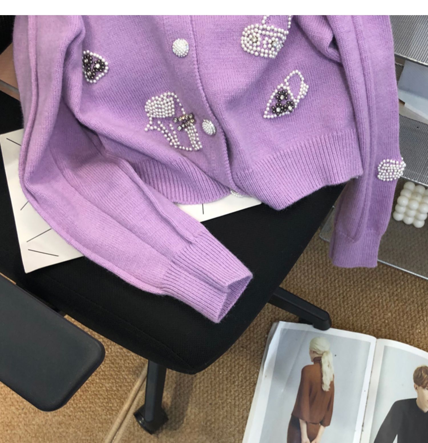 Womens o-neck beading rhinestone bow patched knitted sweater cardigan single breated coat