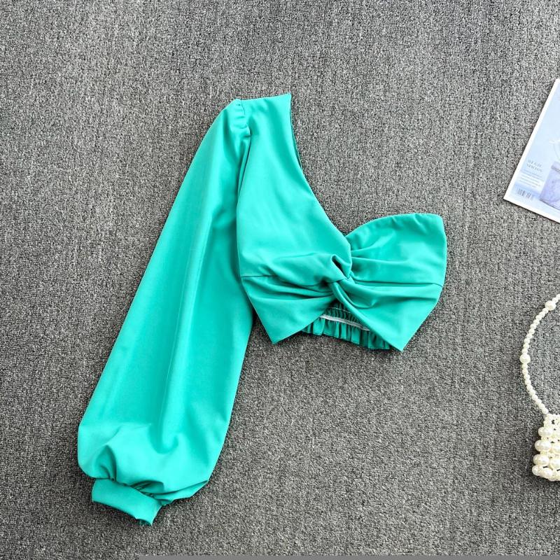 Women's Blouses Skew Collar Sexy Blouse Elastic Waist Ruched Long Sleeve Slim Beach Tops Women Korean Style Solid Short 2022, Green
Women's Blouses Skew Collar Sexy Blouse Elastic Waist Ruched Long Sleeve Slim Beach Tops Women Korean Style Solid Short 2022, Green