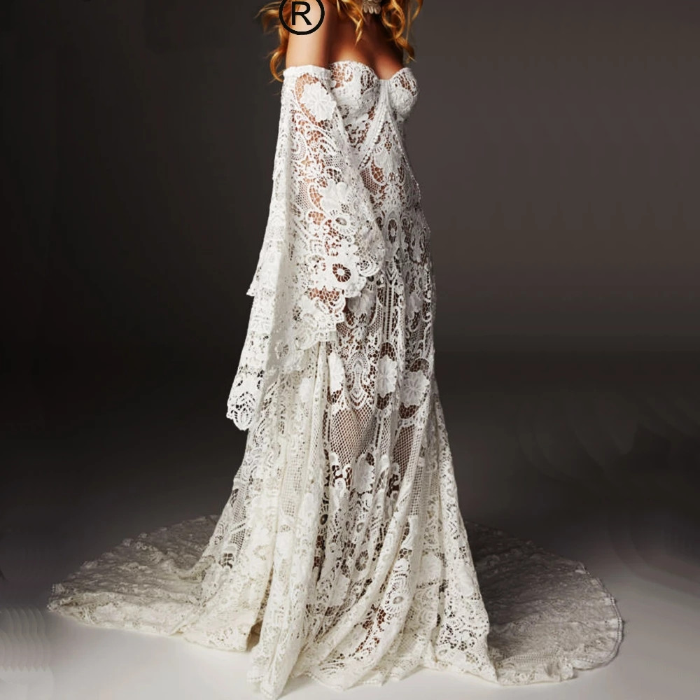 Bohemian Country mermaid Wedding Dresses Luxury Crochet Lace Beau Gown Boho Chic Hippie sweetheart Bridal Gown Bell long Sleeves