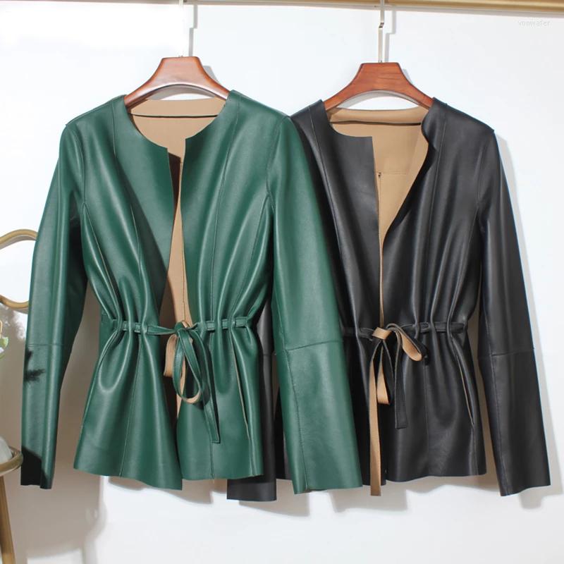 Women' Leather Women Clothing European Elegant Female Genuine Coat Mujer Draw Back Round Neck Pleated Belt Caramel Jackets Streetwear, Black
Women' Leather Women Clothing European Elegant Female Genuine Coat Mujer Draw Back Round Neck Pleated Belt Caramel Jackets Streetwear, Black