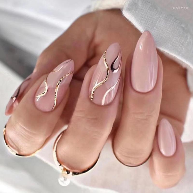 False Nails 24Pcs Pink Almond Shiny Golden Ripples Stiletto Fake Detachable Oval Full Cover Press On Tips Manicure, 108
False Nails 24Pcs Pink Almond Shiny Golden Ripples Stiletto Fake Detachable Oval Full Cover Press On Tips Manicure, 108