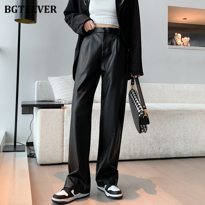 Women's Pants Capris BGTEEVER Stylish Chic Loose Women PU Leather Autumn Winter Fashion Ladies High Waist Straight Faux Trousers 221109