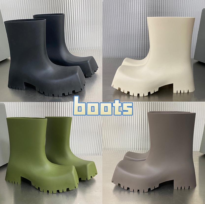 Fashione square toes Paris Blcg High Tall Boots shoes Trooper Rubber boot rain boots black beige olive grey Luxury men women Platform Waterproof Rainshoes booties