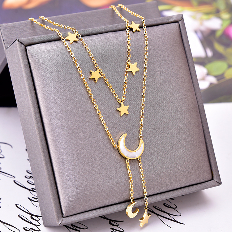 Multi Layered Heart Moon Necklace Fashion Ladies Gold Stainless Steel Necklaces Jewelry for Women