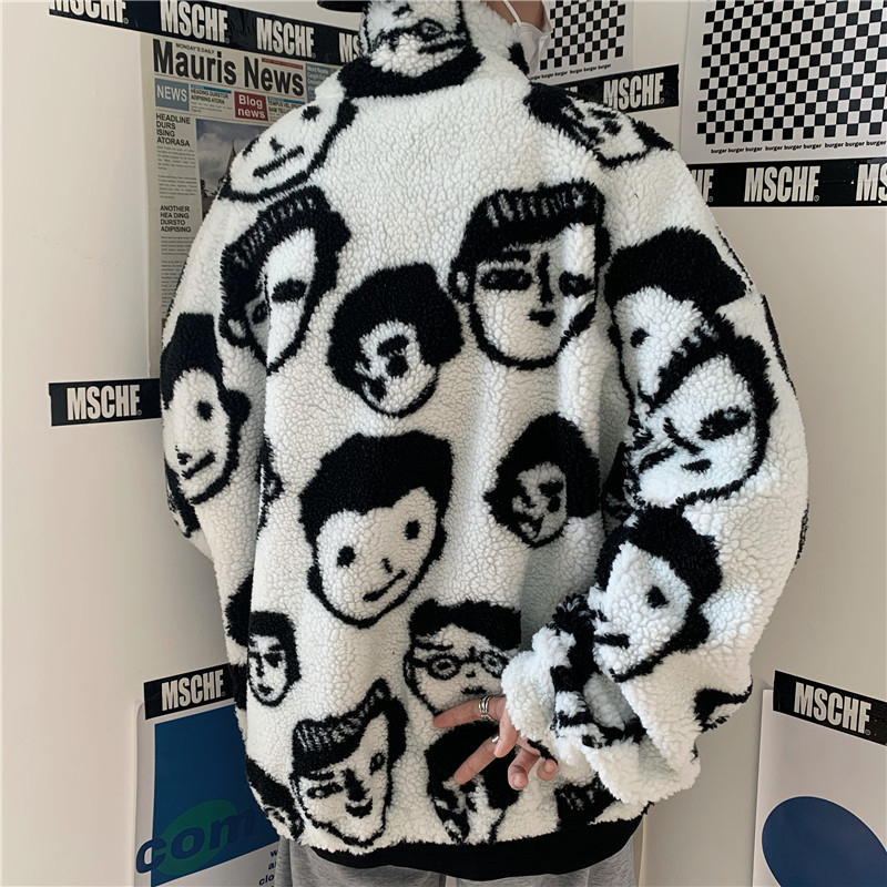Women's Jackets Korean Winter Harajuku Lazy BF Style Coat Cute Cartoons Printing Full Sleeve Jacket Lambswool Keep Warm Zipper Outerwear 221109