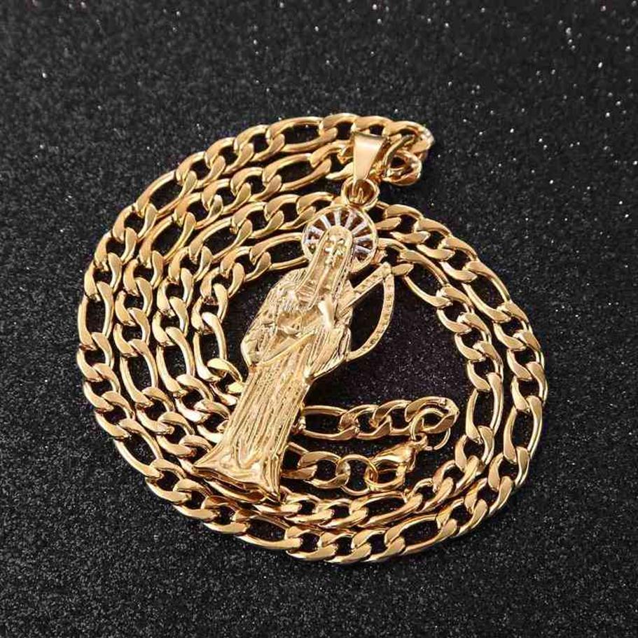 316L Stainless Steel Holy Saint Death Santa Muerte Pendant With 9MM Chain Men039s Necklace Gold Tone DIY Jewelry Making Gifts20