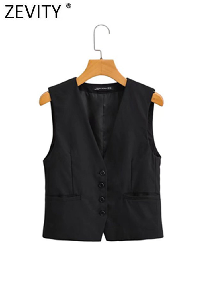 Women's Jackets Zevity Women Fashion V Neck Single Breasted Pockets Slim Vest Jacket Ladies Sleeveless Casual Business WaistCoat Tops CT1117 2211