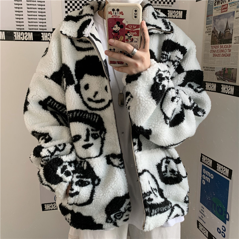 Women's Jackets Korean Winter Harajuku Lazy BF Style Coat Cute Cartoons Printing Full Sleeve Jacket Lambswool Keep Warm Zipper Outerwear 221109