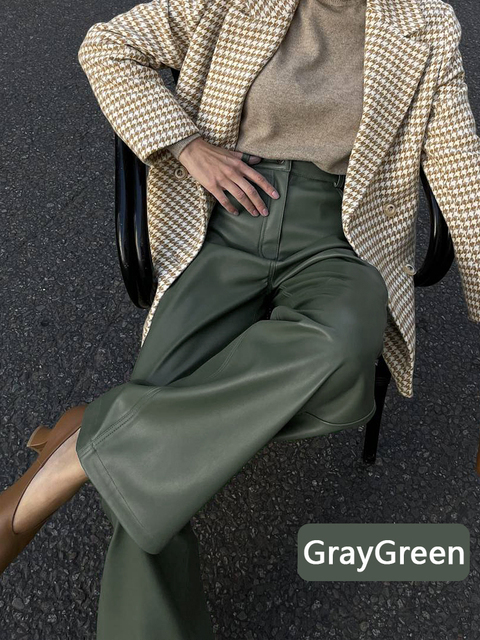 Women's Pants Capris Autumn Winter Leather Trousers Green Loose Oversized High Waist Black Straight Wide Pu Faux for Women 221109