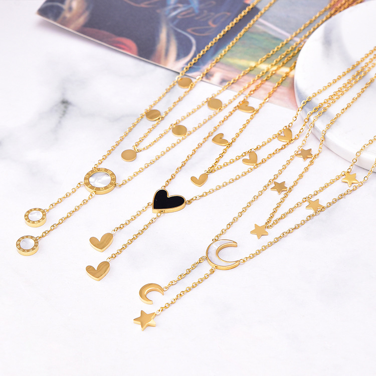 Multi Layered Heart Moon Necklace Fashion Ladies Gold Stainless Steel Necklaces Jewelry for Women