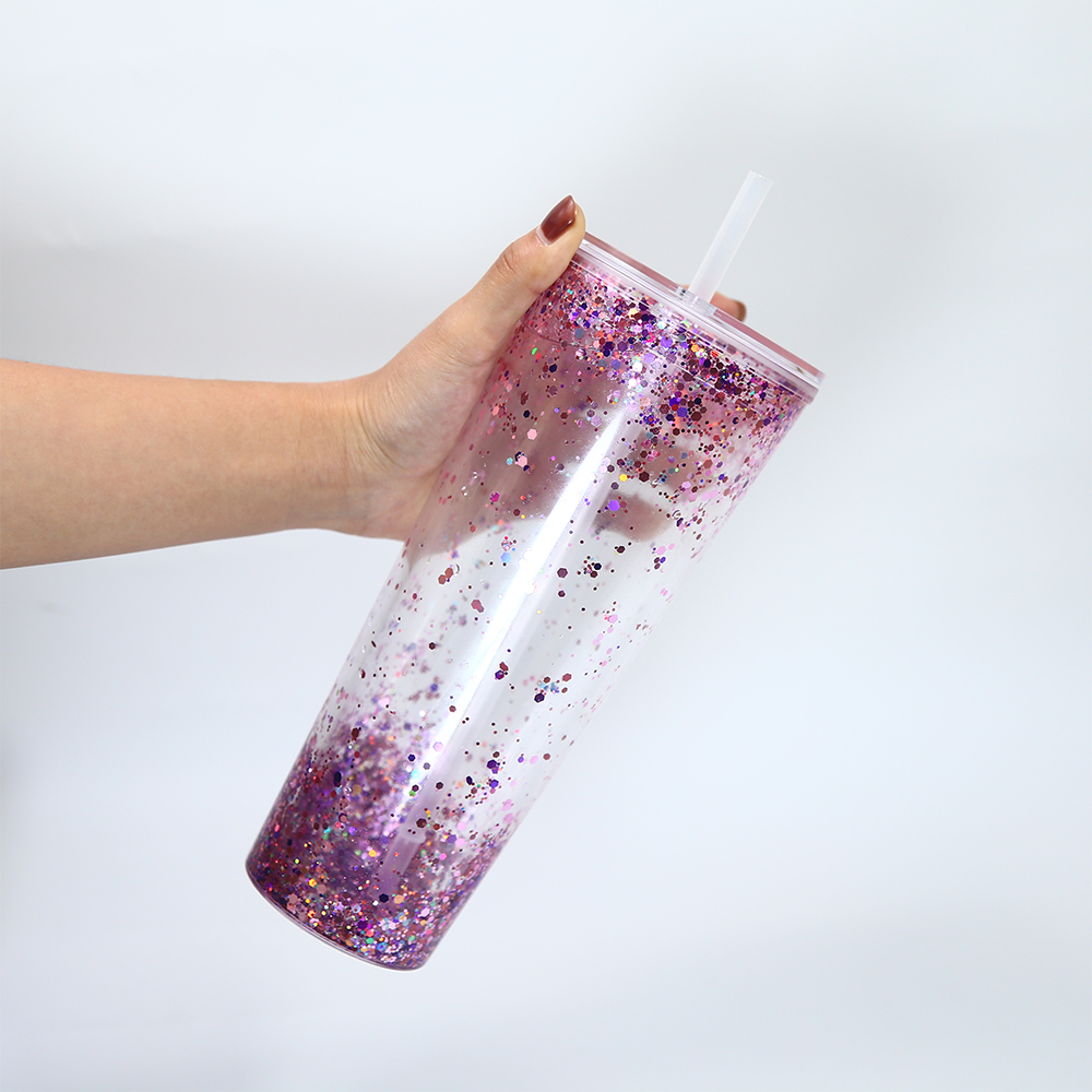 Local warehouse 24oz pre-drilled snow globe acrylic tumblers with flat lid straw clear double walled plastic cup drinking beverage tumblers 25pcs/case