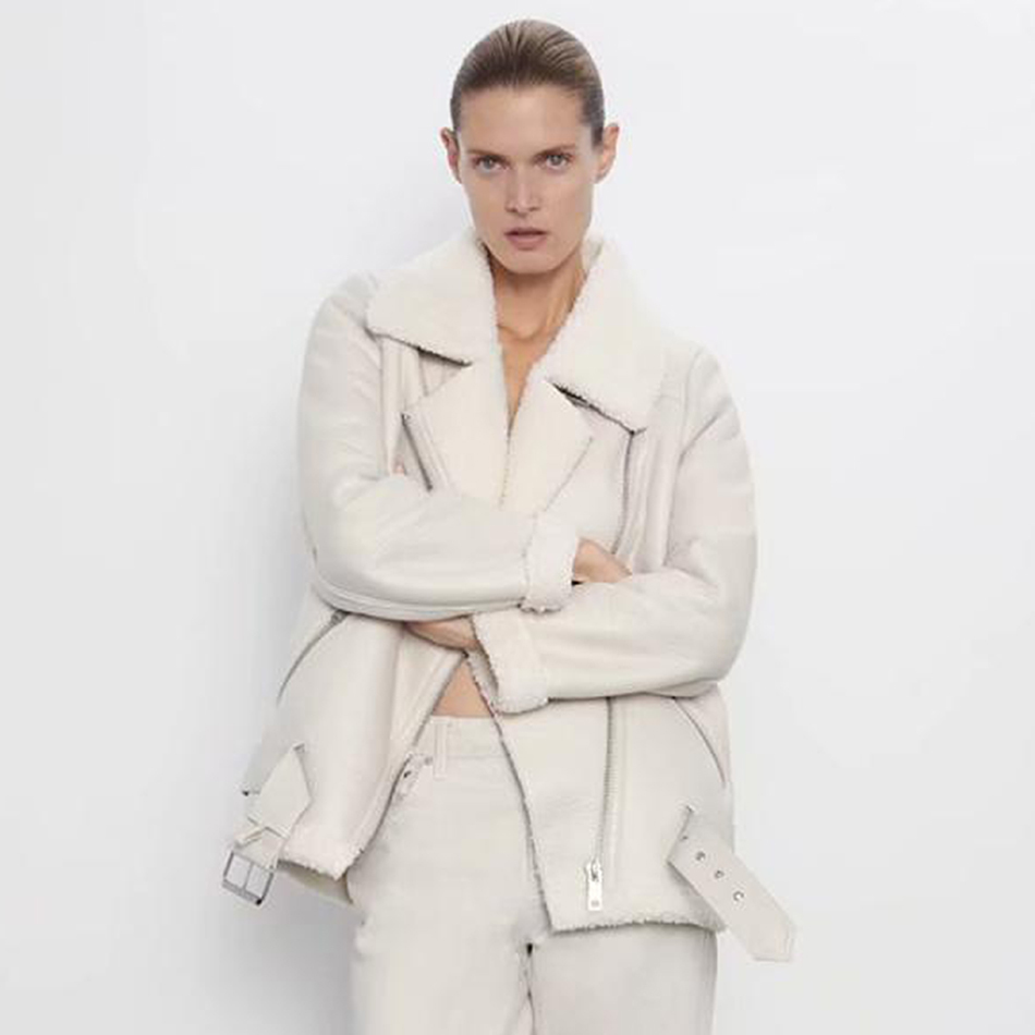 Women's Jackets Thick and warm faux leather jacket Coat women's beige long-sleeved belt women winter fashion streetwear Tops 221109