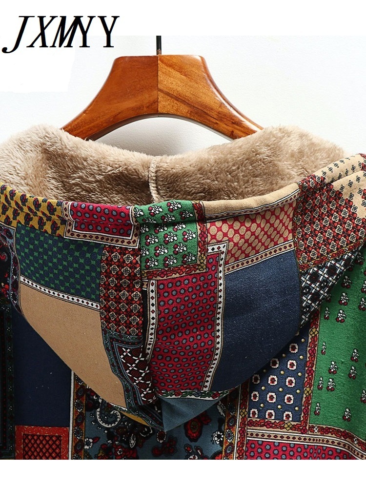 Women's Jackets Winter Vintage Coat Warm Printing Thick Fleece Hooded Long Jacket with Pocket Ladies Outwear Loose for 221109