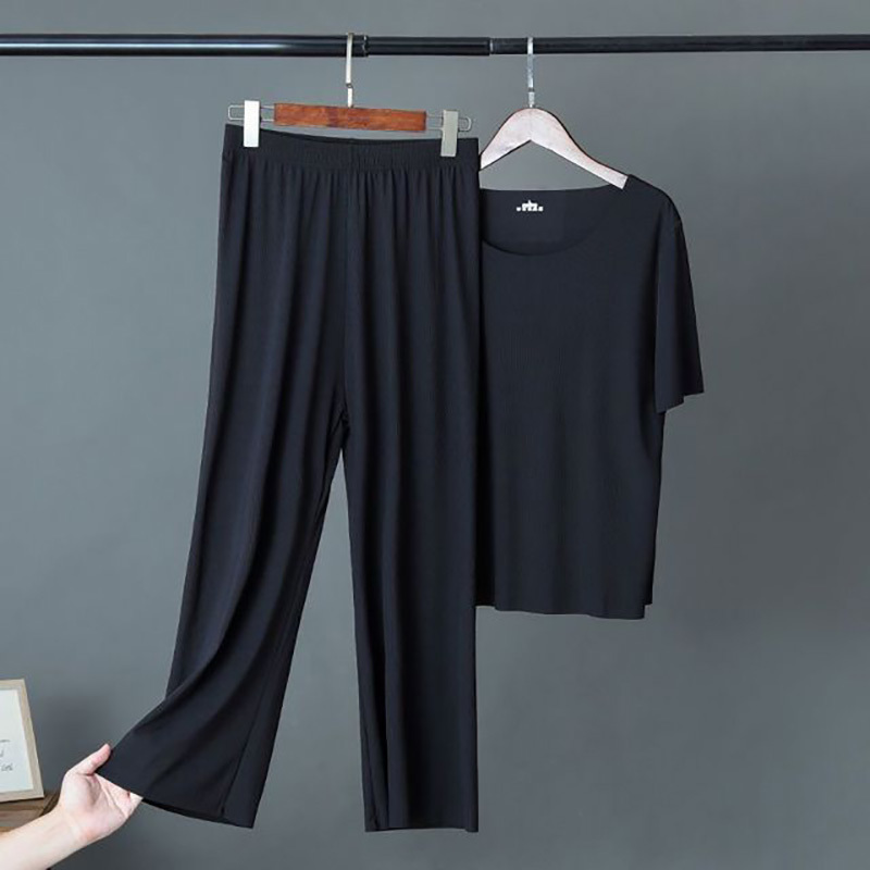 Women's Pants Capris Plus Size Trousers Suit Summer Loose Ice Silk Cool Thin Top and High Waist Wide-Leg Home Casual Pajamas 221109