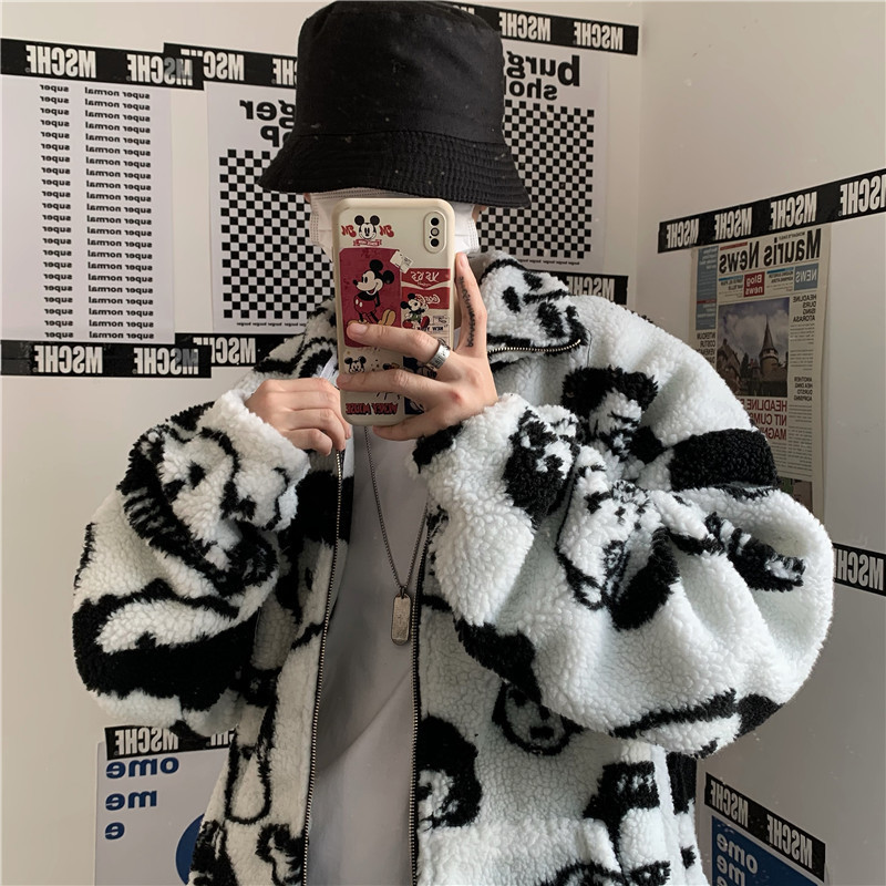 Women's Jackets Korean Winter Harajuku Lazy BF Style Coat Cute Cartoons Printing Full Sleeve Jacket Lambswool Keep Warm Zipper Outerwear 221109