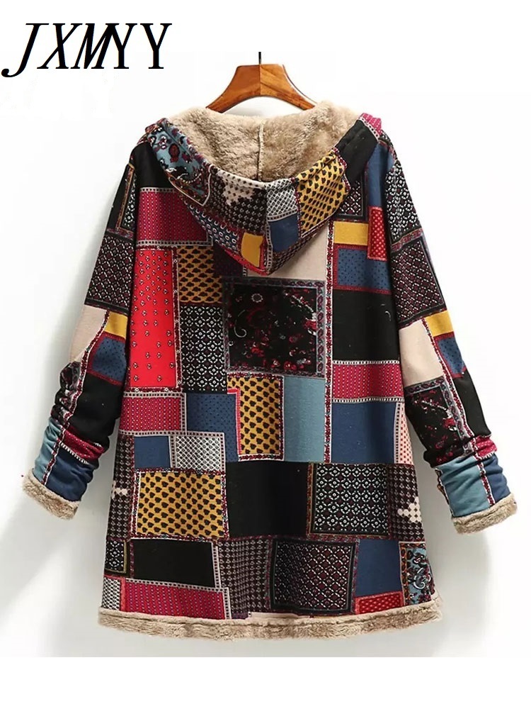Women's Jackets Winter Vintage Coat Warm Printing Thick Fleece Hooded Long Jacket with Pocket Ladies Outwear Loose for 221109