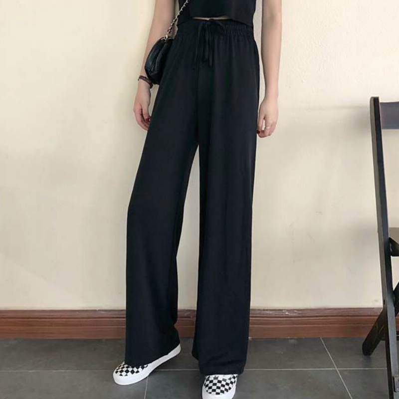 Women's Pants Capris Wide Leg Women Pure Black Lace-up Korean Style Loose Leisure High Waists Female Spring Long Daily Trousers Streetwear Fall 2