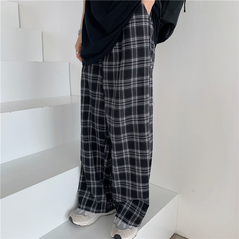 Women's Pants Capris Black and Pink Plaid Oversize Women High Waist Loose Wide Leg Trousers Ins Retro Teens Straight Streetwear 221109