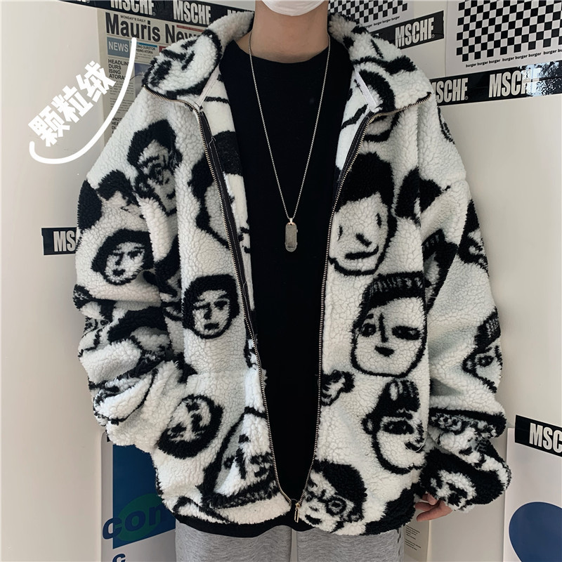 Women's Jackets Korean Winter Harajuku Lazy BF Style Coat Cute Cartoons Printing Full Sleeve Jacket Lambswool Keep Warm Zipper Outerwear 221109
