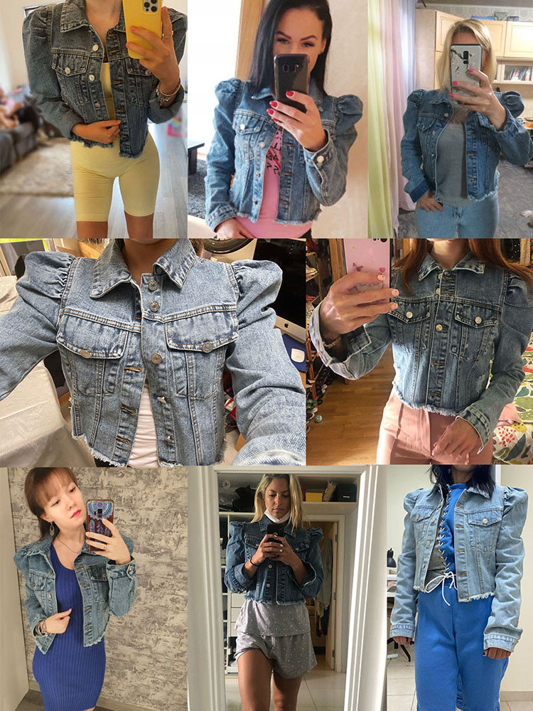 Women's Jackets Blue Cropped Denim Women Puff Sleeve With Button Pockets Vintage Coat Autumn Winter Streetwear Ripped Jean Outwear 221109