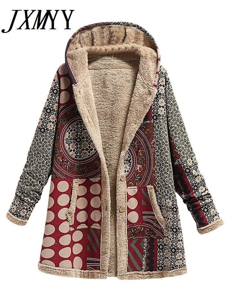 Women's Jackets Winter Vintage Coat Warm Printing Thick Fleece Hooded Long Jacket with Pocket Ladies Outwear Loose for 221109