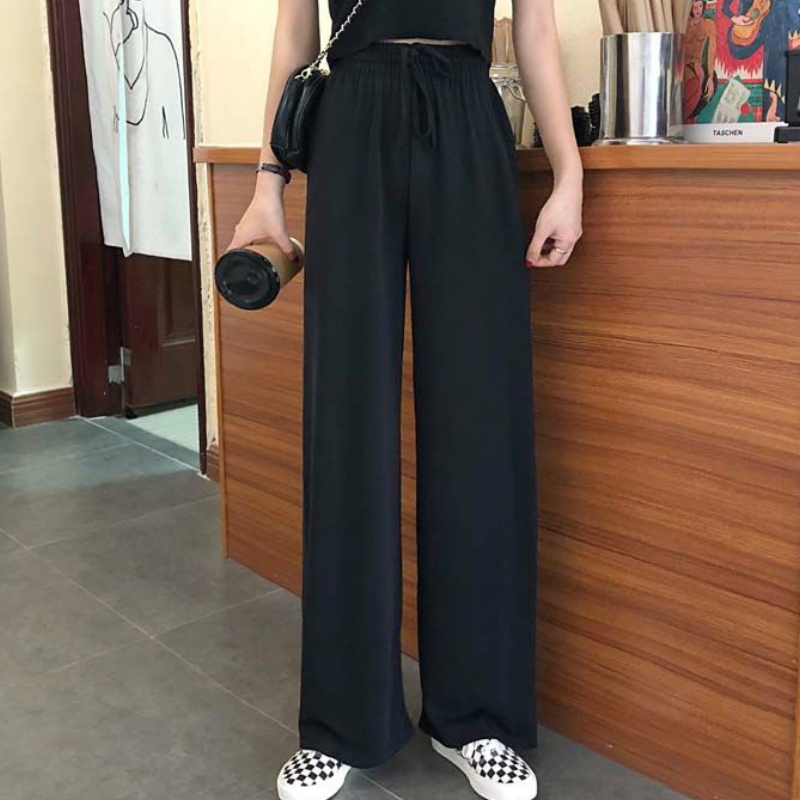 Women's Pants Capris Wide Leg Women Pure Black Lace-up Korean Style Loose Leisure High Waists Female Spring Long Daily Trousers Streetwear Fall 2