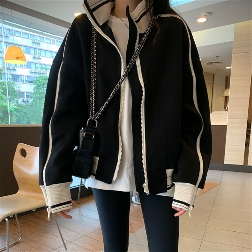 Women's Jackets Deeptown Black Women Korean Fashion Oversized Casual Harajuku Zipper Thin Fleece Coat Female Outerwear Crop Street Style 221109